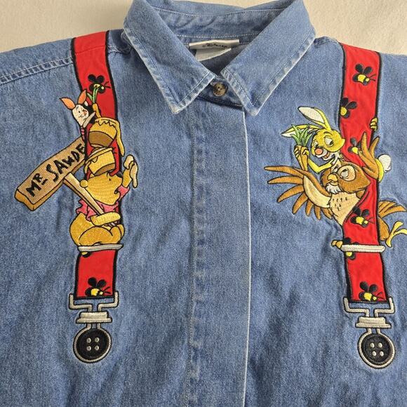Disney Winnie The Pooh & Friends Suspender Embroidered Denim Button Up Shirt L - Picture 3 of 10